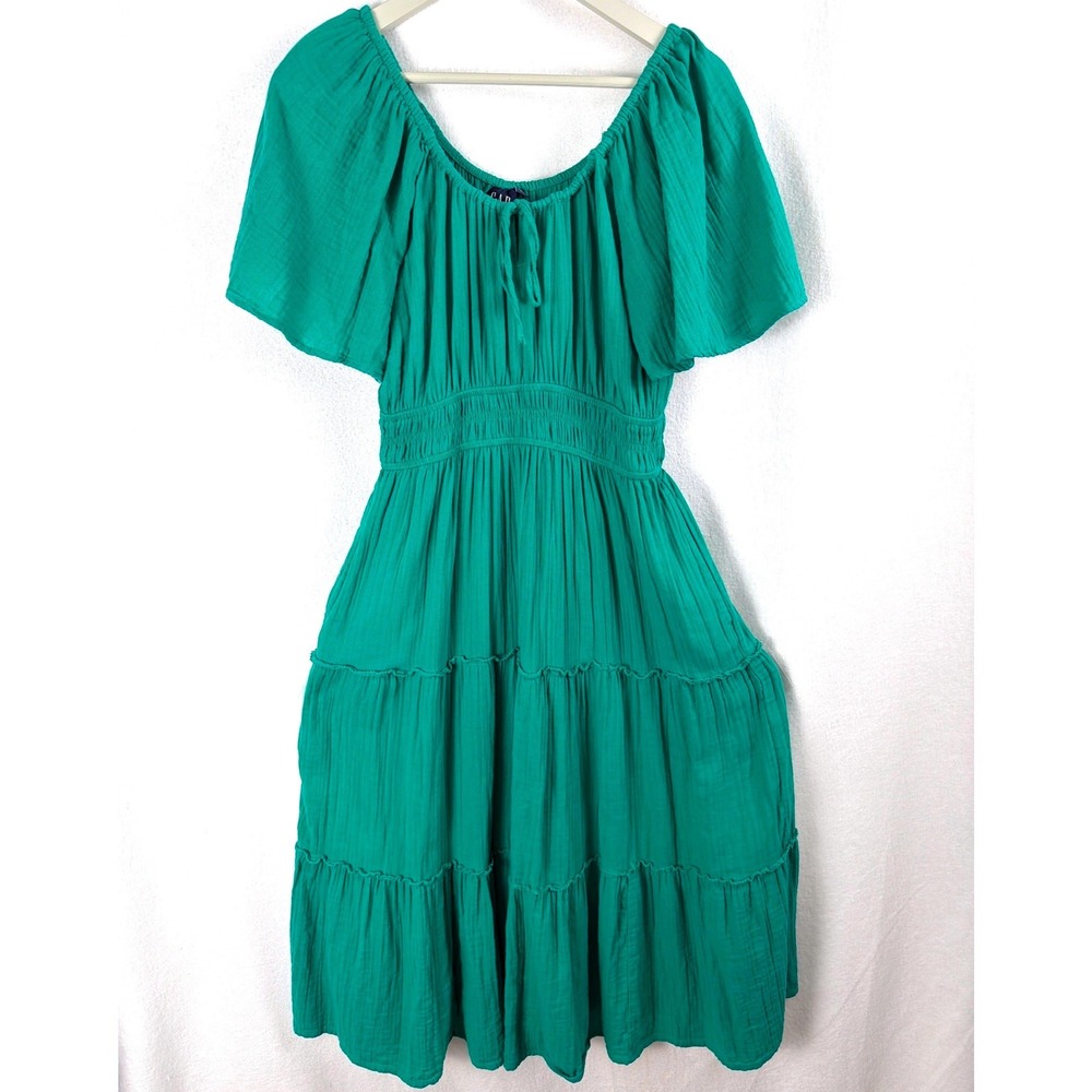 GAP Women Green Cotton Gauze Smocked Tiered Midi Dress Short Sleeve Sz M Boho